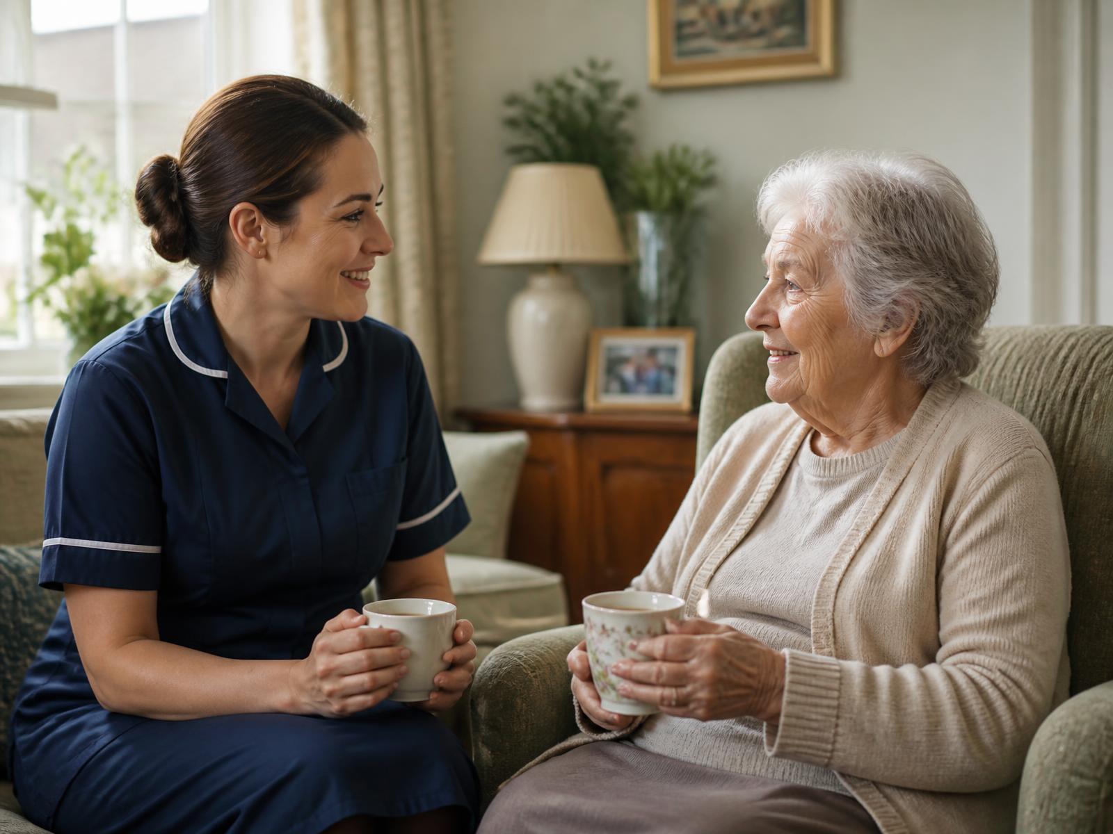 A home carer in uniform sharing a cup of tea with an older woman in her living room